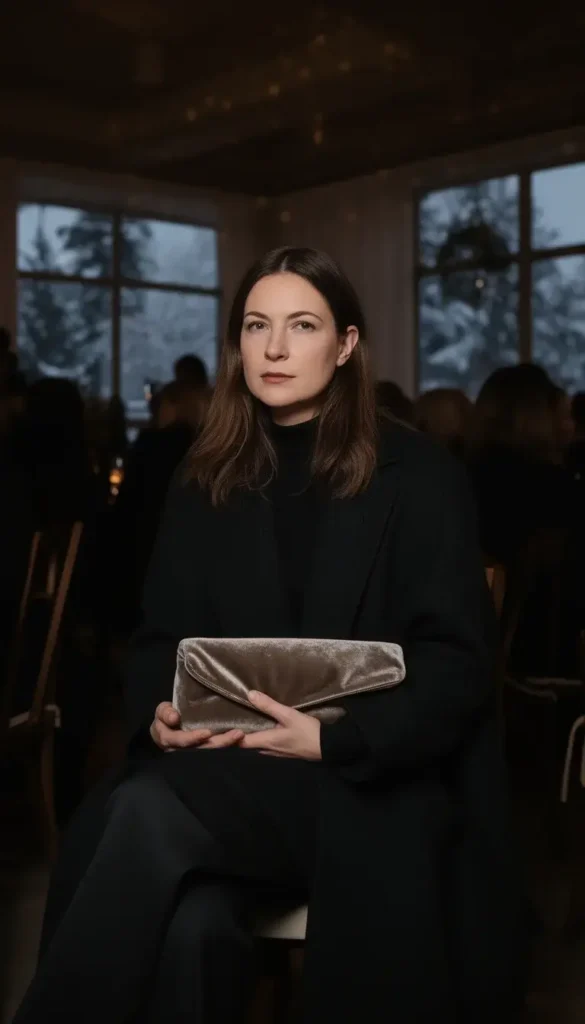 Dark velvet clutch styled with winter evening attire at a formal event