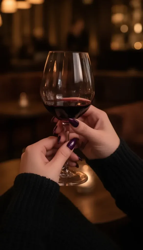 Deep plum nail color styled with dark winter knits