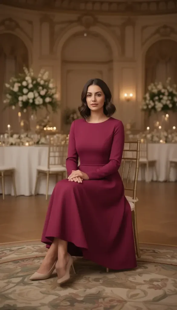 Deep rose midi dress styled for a winter wedding in an indoor ballroom.