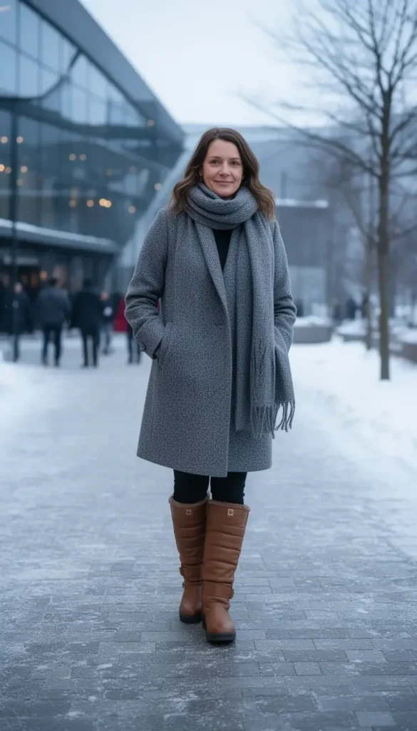 Dressy insulated boots worn to a winter event on icy ground.
