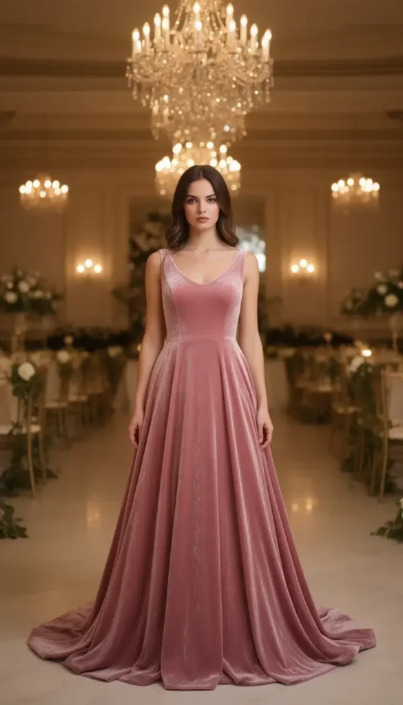 Dusty pink velvet A-line gown photographed at a formal winter wedding venue.