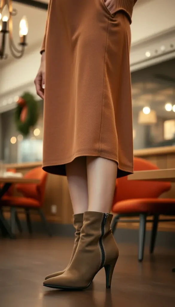 Suede winter boots styled with a midi dress