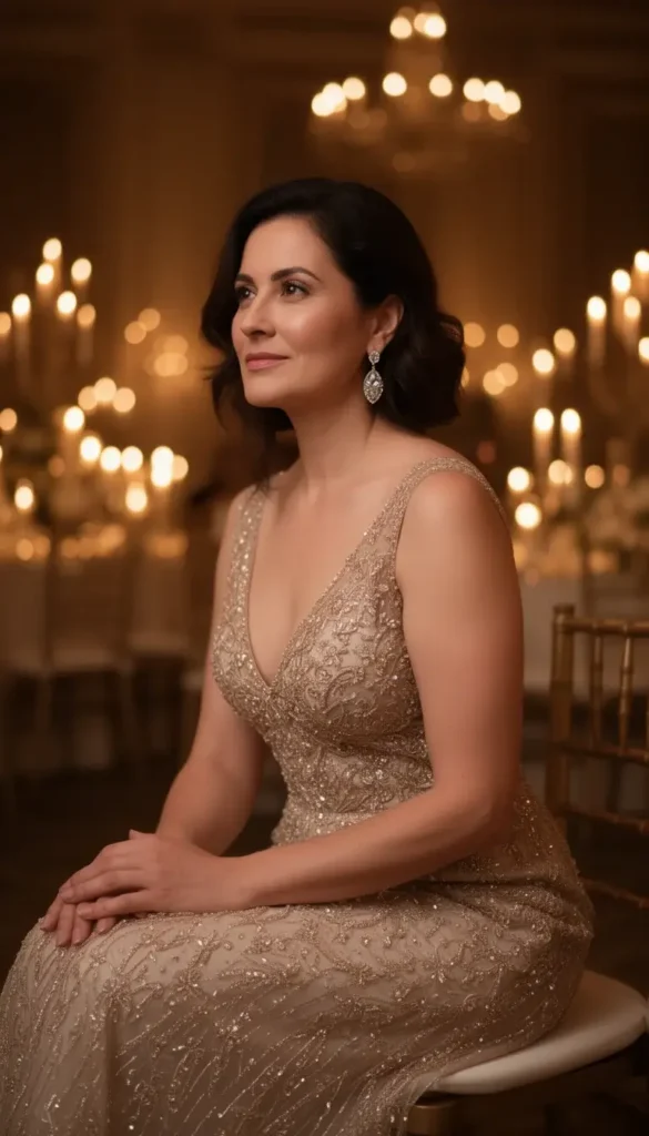 Woman seated in beaded gown by candlelight