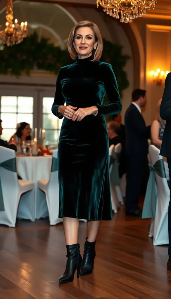Emerald velvet midi dress styled with ankle boots for a winter wedding.