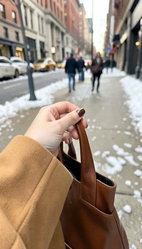 Espresso brown nail color styled with a camel coat and leather tote