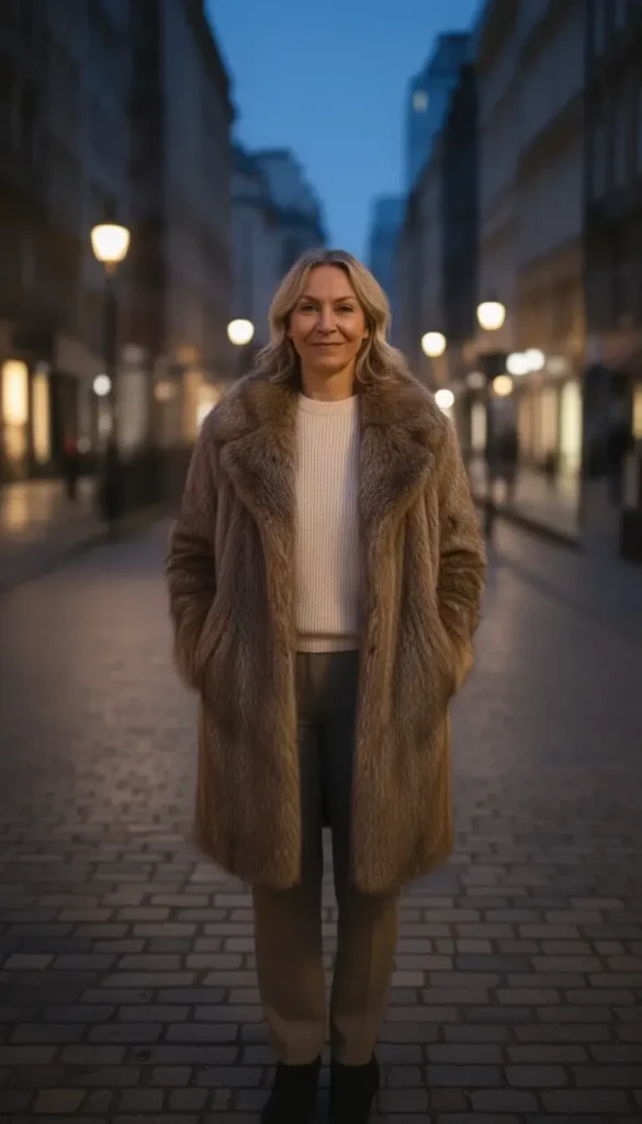 Faux fur accent styled with simple layers for a winter date