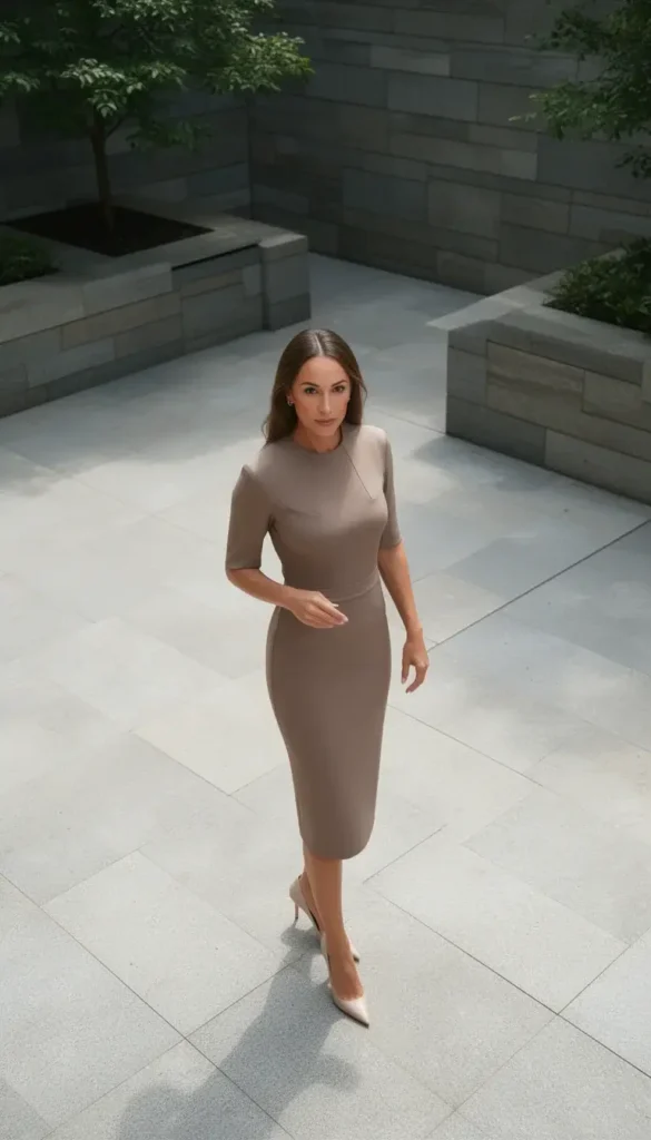 Woman in structured midi dress standing courtyard