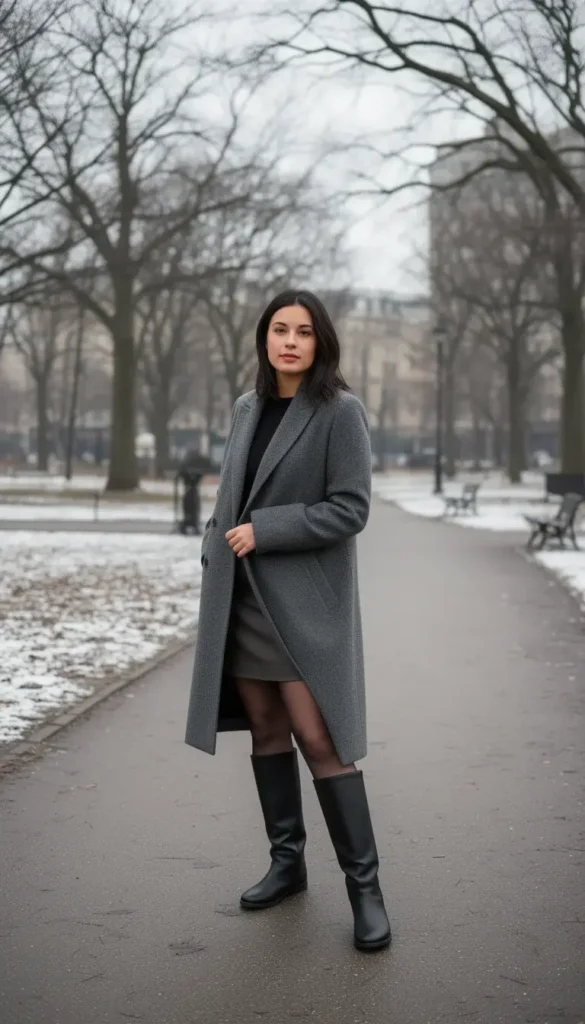 Flat knee high boots styled with a coat and skirt for a winter date