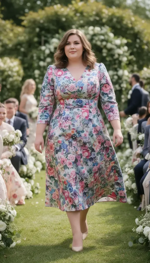 Curvy woman wearing a floral midi dress at a garden wedding