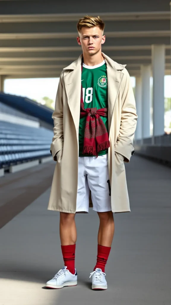 Man in full Mexico kit with layered coat at stadium concourse