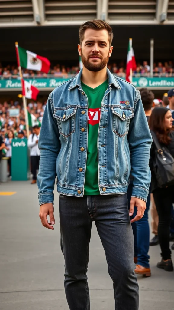 Man in Levi's Mexico denim jacket over jersey at stadium