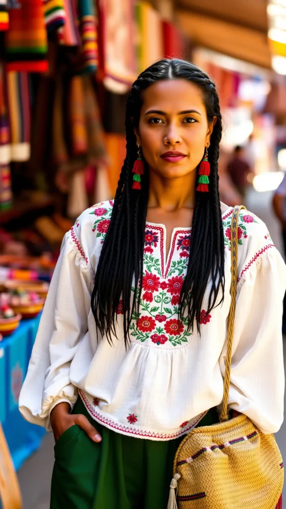 Woman in embroidered blouse with green trousers and red accessories