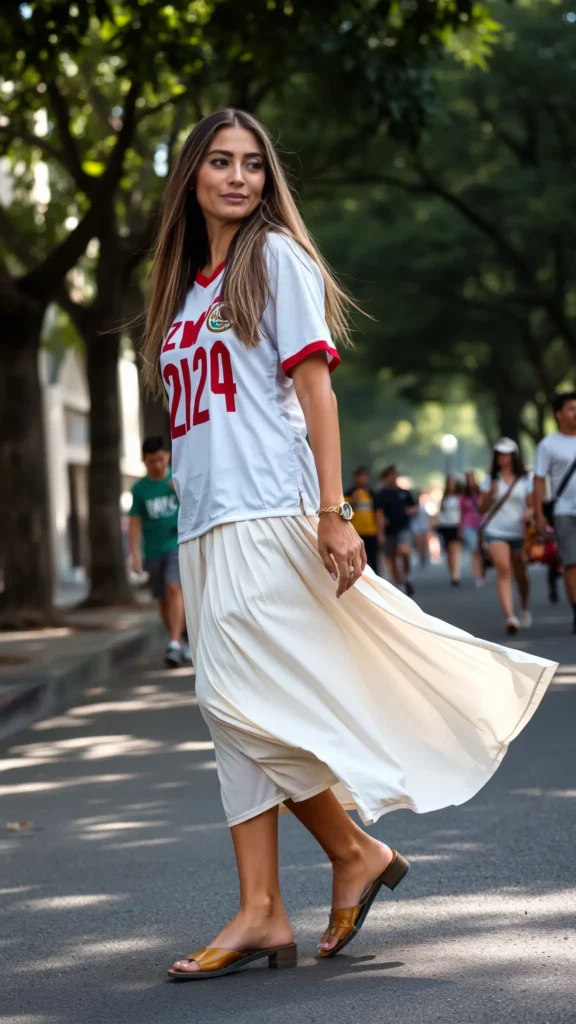 Woman in white Mexico away jersey with flowing midi skirt