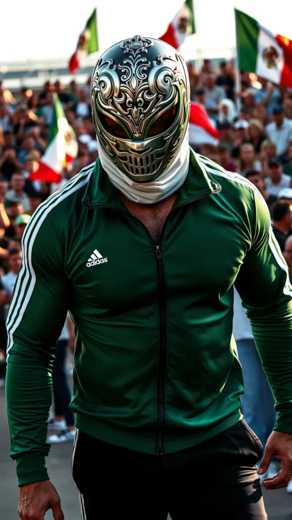 Fan in lucha libre mask and Mexico track jacket at World Cup