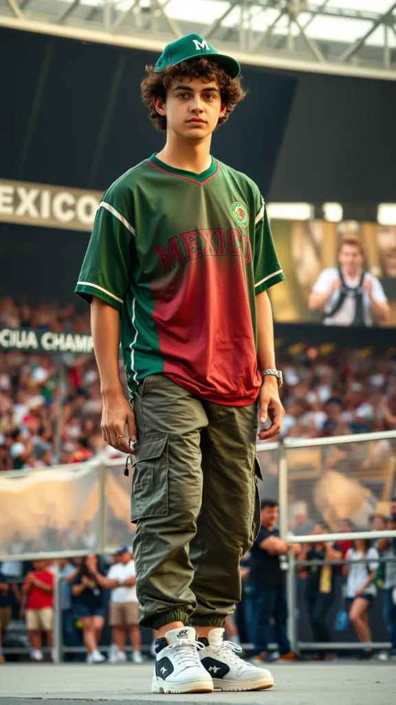 Man in vintage Mexico jersey with cargo pants at fan zone