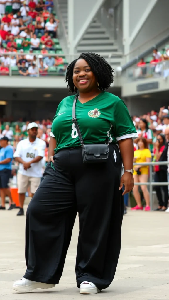 Plus size woman in Mexico jersey and wide leg trousers at stadium