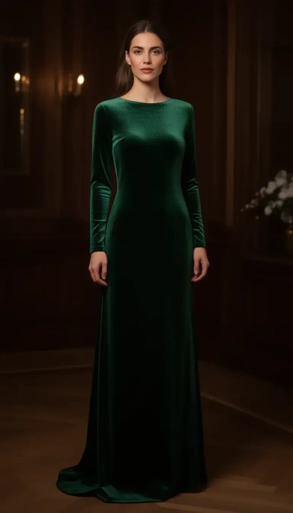 Deep green velvet column dress photographed in warm winter lighting indoors