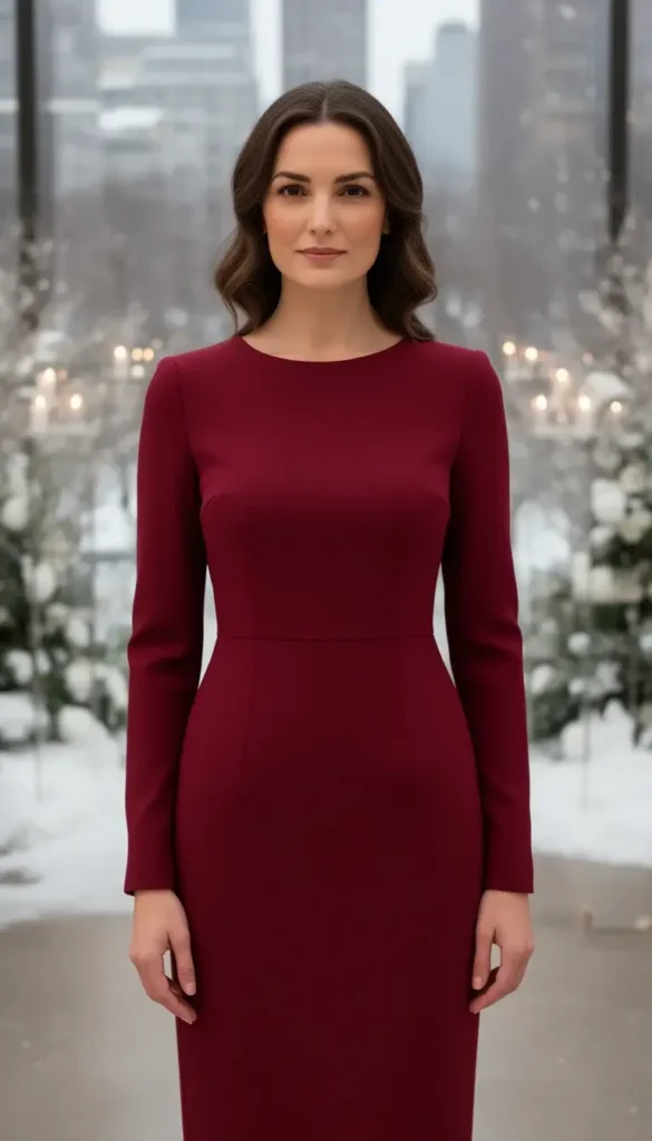 Garnet red fitted midi dress styled for a city winter wedding.