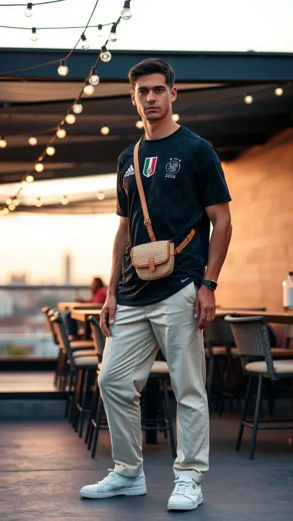 Man in black Mexico third kit with tailored trousers on rooftop