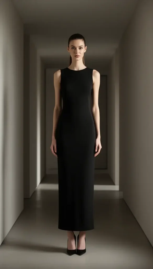 Woman wearing black column dress in minimalist hall