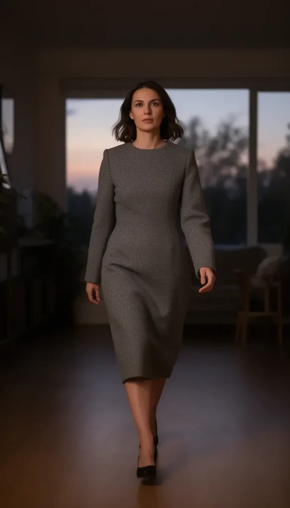 Grey monochrome wool dress photographed in soft winter light
