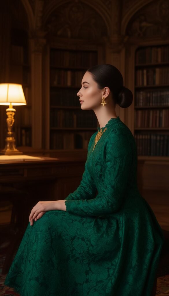 Woman seated in emerald brocade dress inside library