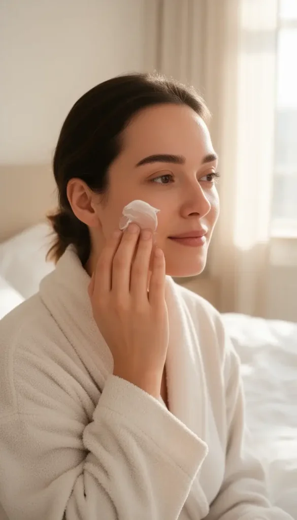 Woman applying moisturizer with fresh natural skin