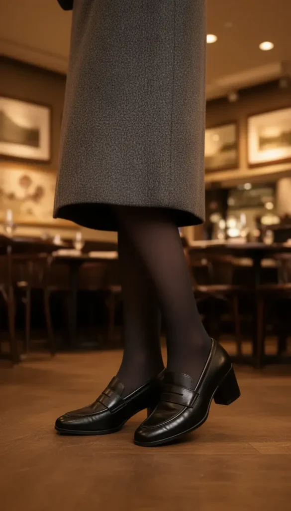 Black heeled loafers styled with tights for a winter date