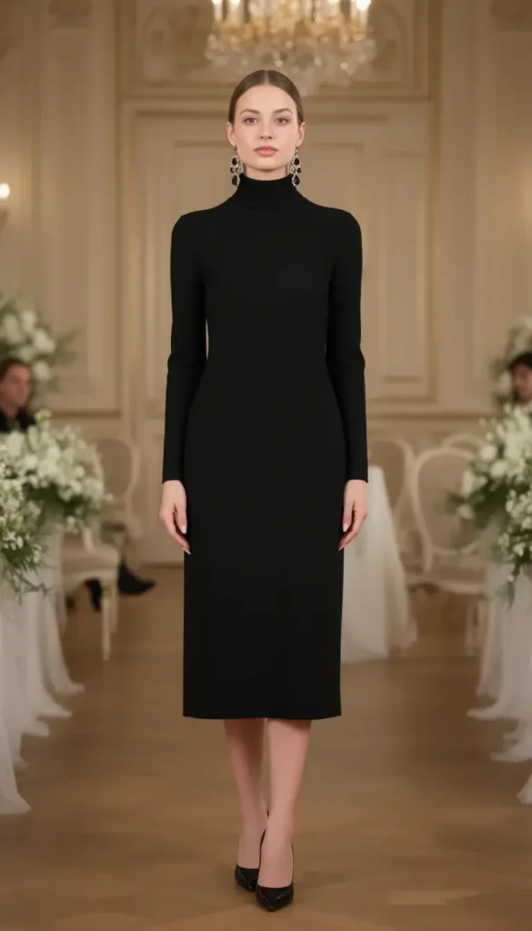 Semi formal winter wedding guest outfit featuring a high neck midi dress