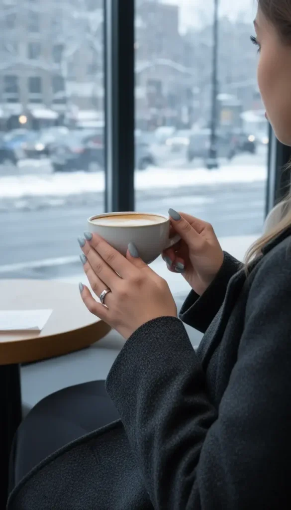 Icy grey blue nail color on oval nails styled with a winter coat and coffee cup