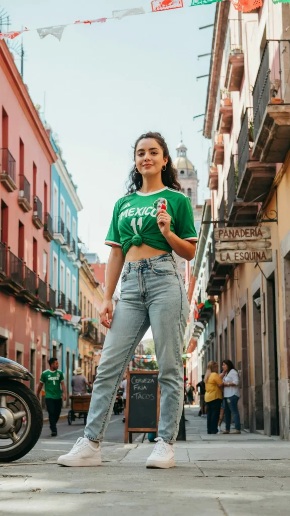 Woman in cropped Mexico jersey with high waisted jeans on city street