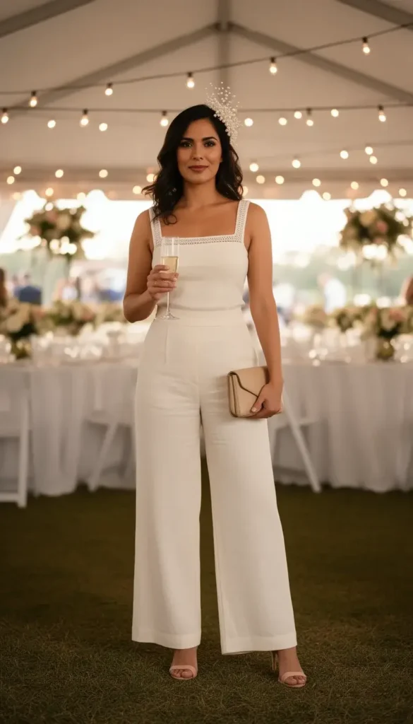 Woman in ivory linen wide-leg trousers and cropped blouse wearing a fascinator at a Derby hospitality tent