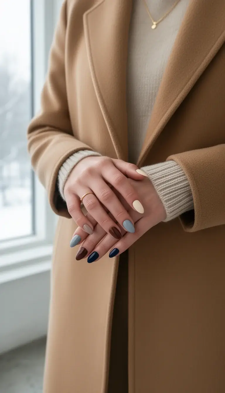 Hands styled with neutral winter clothing showcasing a mix of trendy January nail colors in soft polished shades