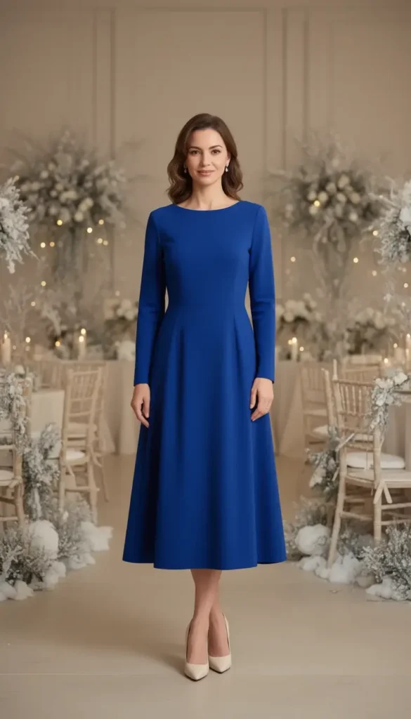 Guest in a sapphire blue long sleeve midi dress at a winter wedding
