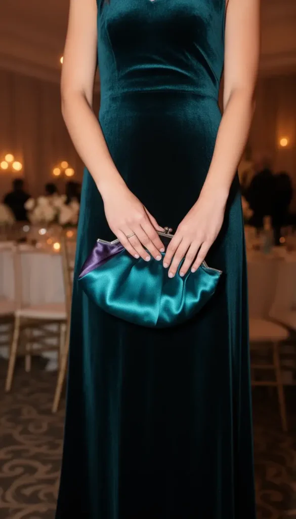 Jewel tone satin frame clutch styled with a velvet dress for a winter evening event