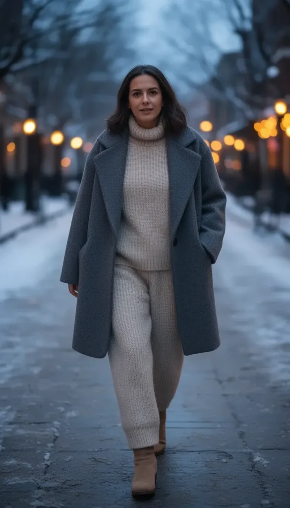 Knit co ord set styled with statement outerwear for a winter date