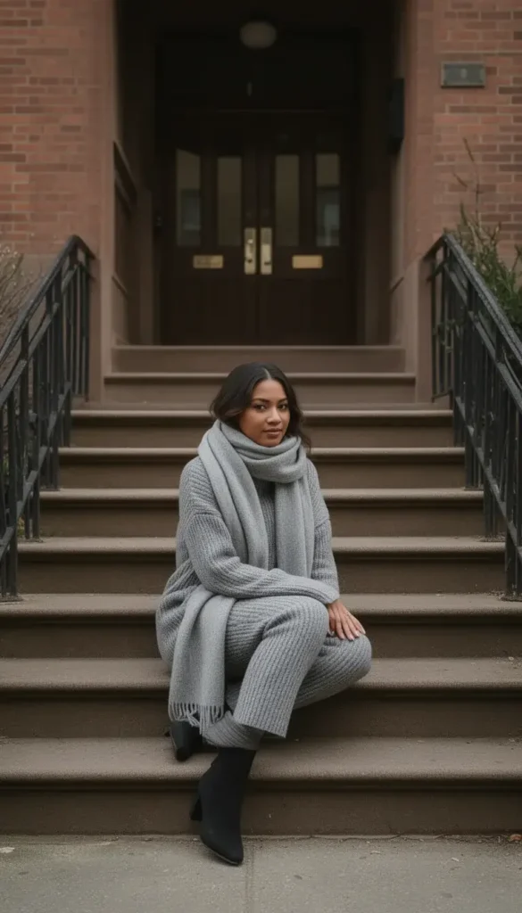 Grey knit set worn casually for cold weather.