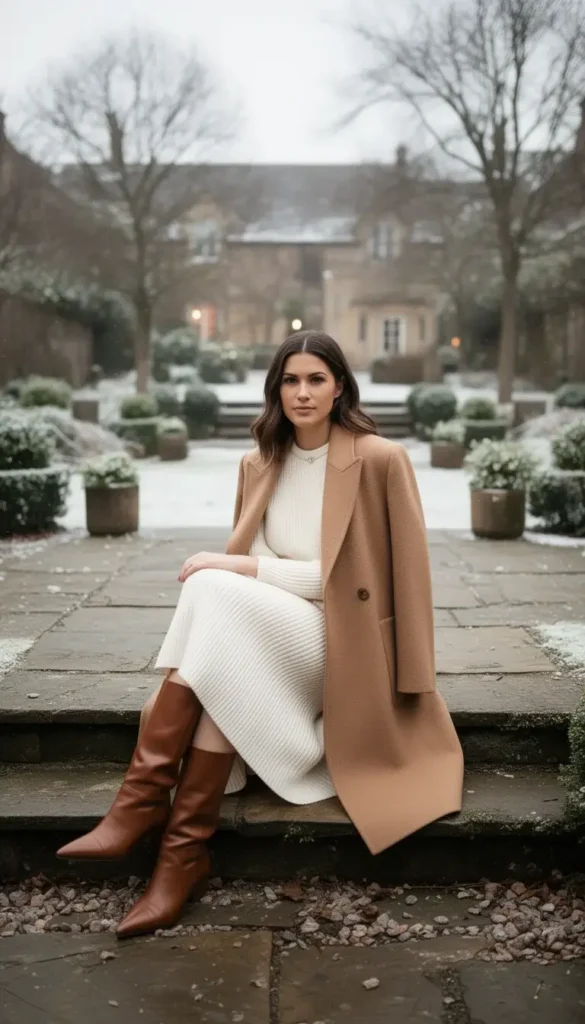 Winter wedding guest wearing a knit midi dress styled with a statement wool coat