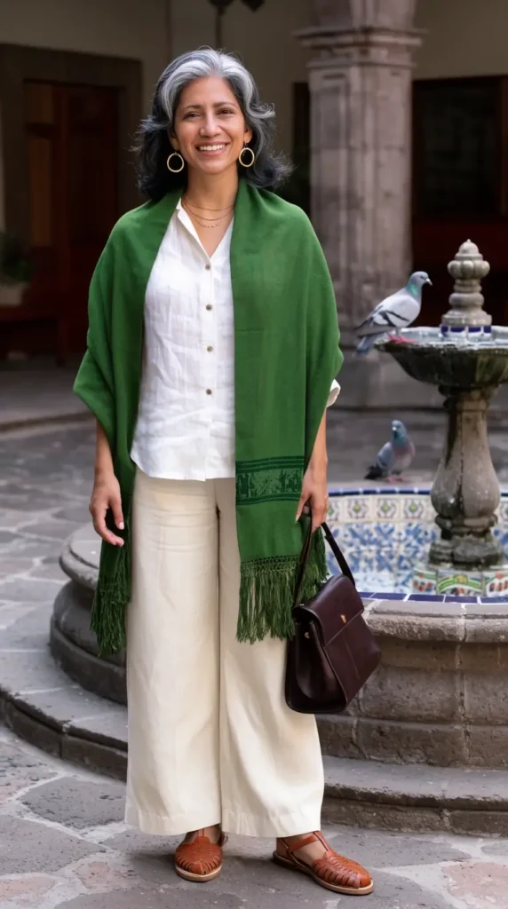 Woman in white shirt with green rebozo and huarache sandals