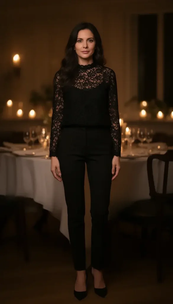 Black lace top styled with sleek trousers for Valentine’s Day dinner