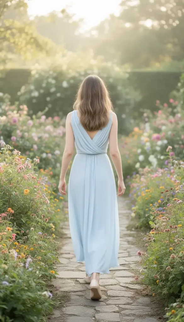 Woman walking garden path in draped dress