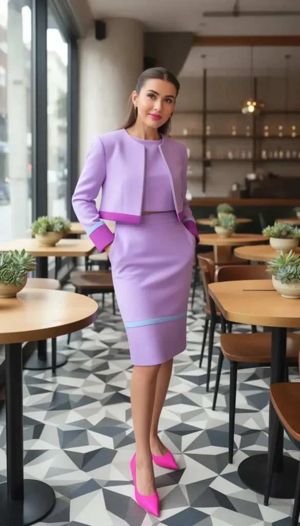 Woman in lavender color-block cropped jacket and skirt set with pointed flats inside a colorful cafe