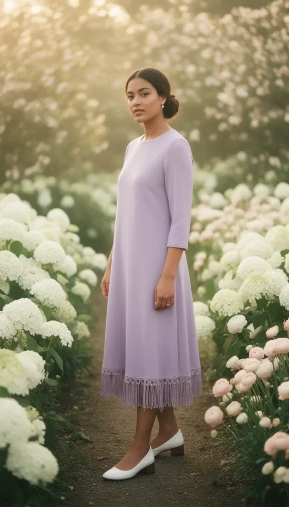 Woman wearing a soft lavender fringe-trimmed midi dress with white Mary Janes in a blooming spring garden