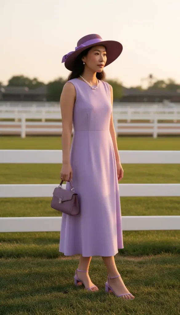 Woman in a lavender to plum monochrome outfit with wide-brim hat standing at Derby fencing