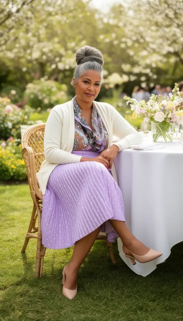Woman seated in a garden wearing a lavender polka-dot pleated midi skirt with a scarf blouse and cream cardigan