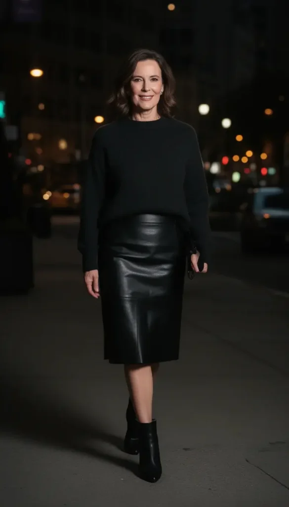 Woman over 30 wearing leather accents for an evening out