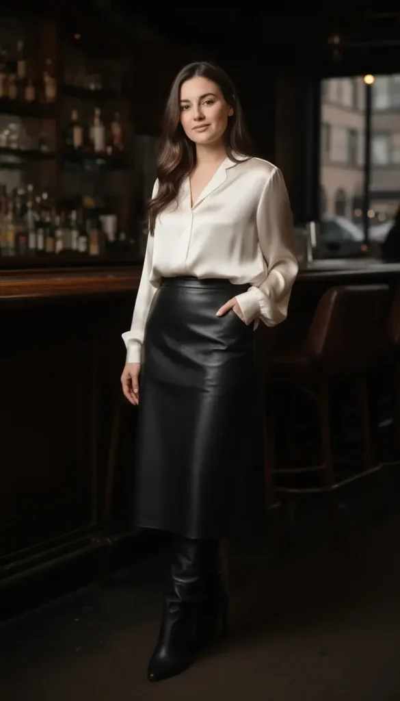 Leather skirt and silk blouse outfit for a stylish Valentine’s Day date