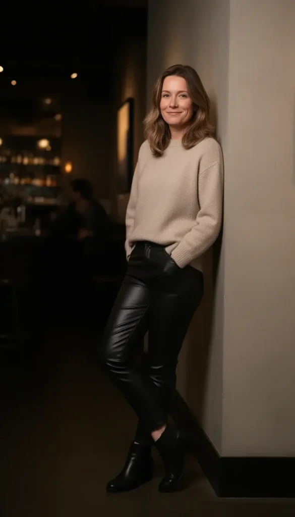 Leather trousers styled with a soft cashmere sweater for a winter date night