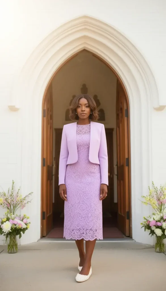 Woman in a lilac lace-overlay midi dress and matching cropped jacket standing in a white church doorway
