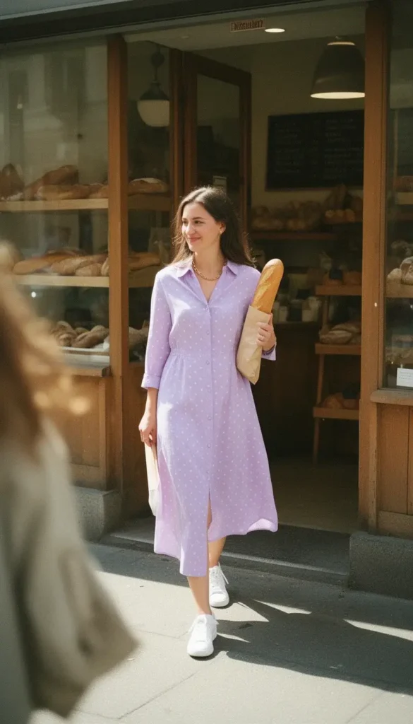 Woman in a lilac polka-dot shirtdress and white sneakers walking past an artisanal bakery on a breezy spring morning